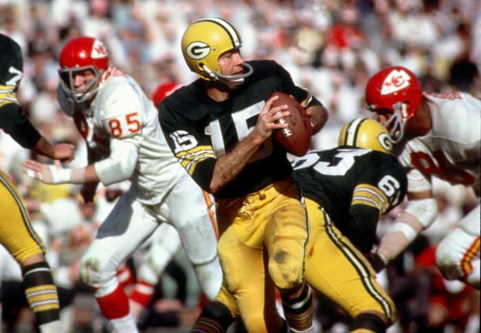 Green Bay Packers quarterback Bart Starr in action during Super Bowl I at the Los Angeles Coliseum against the Kansas City Chiefs.